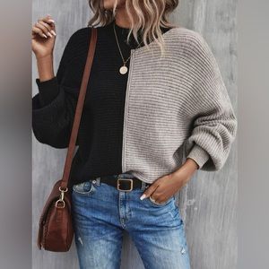 Two Tone Mock Neck Dolman Sleeve Sweater